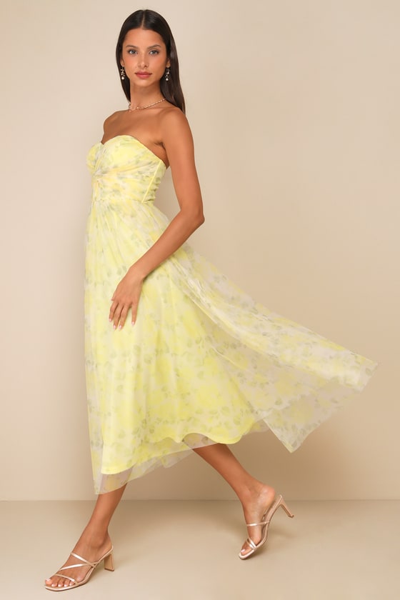 Lulus Perfect Whimsy Yellow Floral Mesh Strapless Midi Dress In Yellow