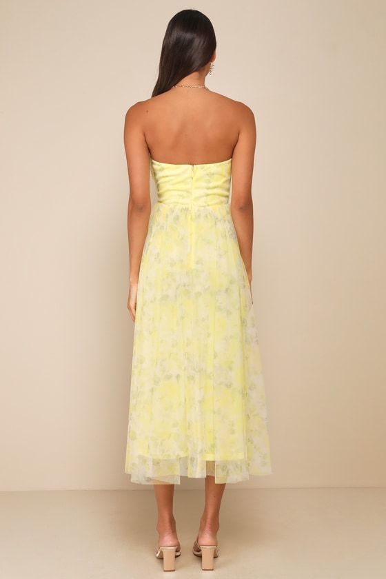 Lulus Perfect Whimsy Yellow Floral Mesh Strapless Midi Dress In Yellow