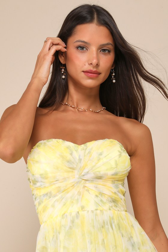 Lulus Perfect Whimsy Yellow Floral Mesh Strapless Midi Dress In Yellow