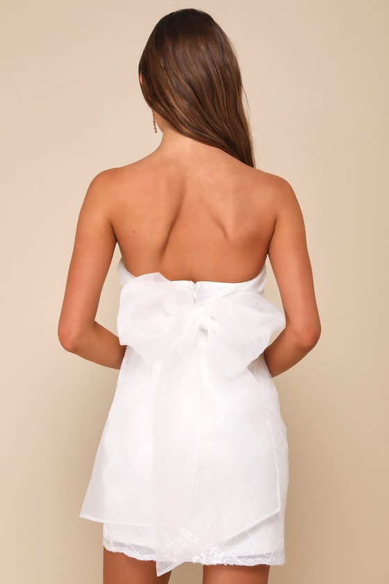 Lulus Exquisite Glamour White Mesh Sequin Strapless Bow Mini Dress In White