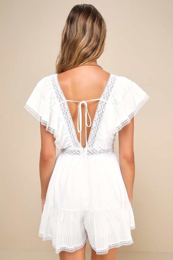 LULUS FLIRTY SWEETHEART WHITE CLIP DOT LACE FLUTTER SLEEVE ROMPER
