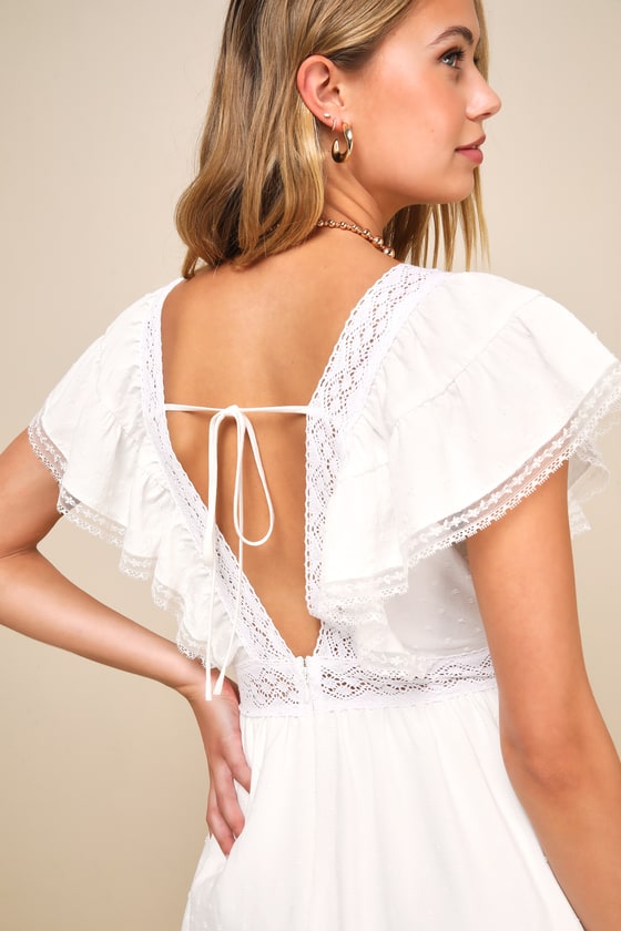 LULUS FLIRTY SWEETHEART WHITE CLIP DOT LACE FLUTTER SLEEVE ROMPER
