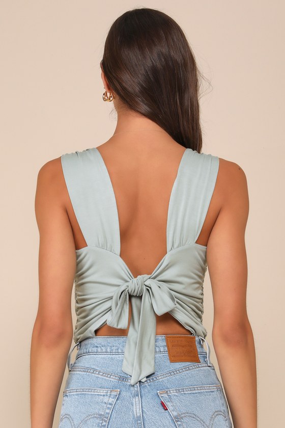 LULUS CUT OUT FOR SUMMER SAGE GREEN RUCHED TIE-BACK BODYSUIT