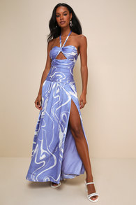 Ultimate Desire Periwinkle Abstract Print Satin Maxi Dress 5