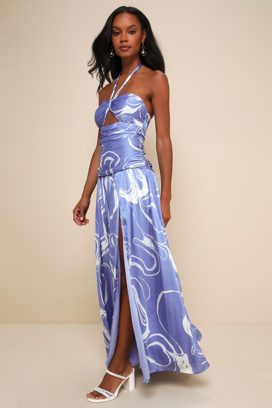 Lulus Ultimate Desire Periwinkle Abstract Print Satin Maxi Dress In Purple