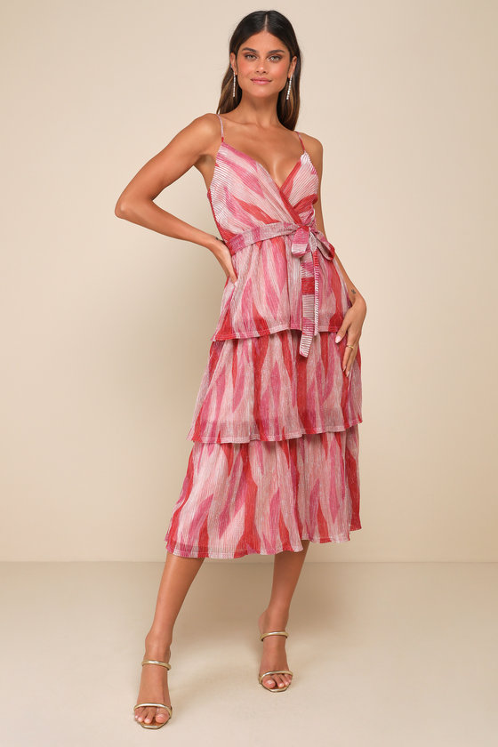 Shop Lulus Vibrant Spirit Pink Abstract Plisse Surplice Tiered Midi Dress
