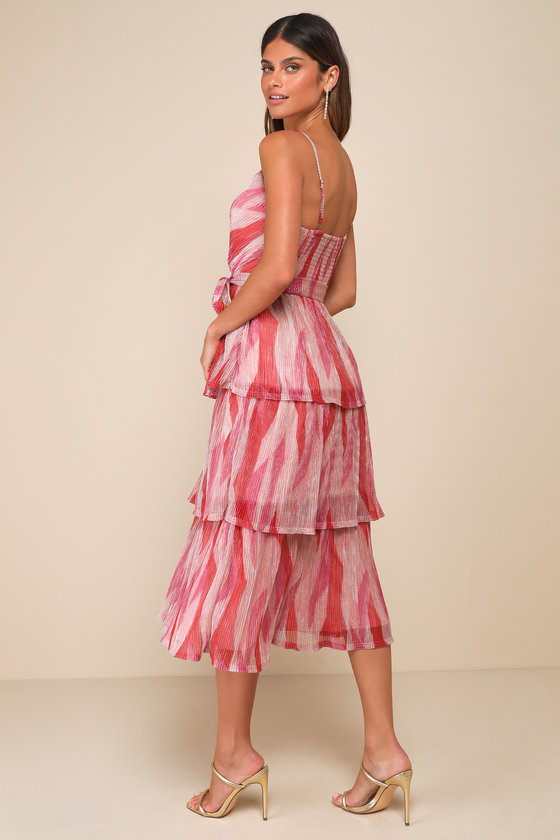 Shop Lulus Vibrant Spirit Pink Abstract Plisse Surplice Tiered Midi Dress