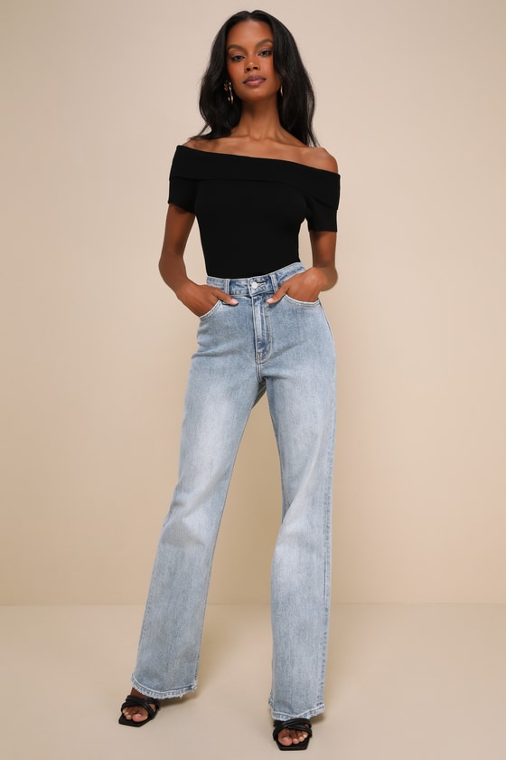 Black Off Shoulder Wool Blend Side Slit Knit Top