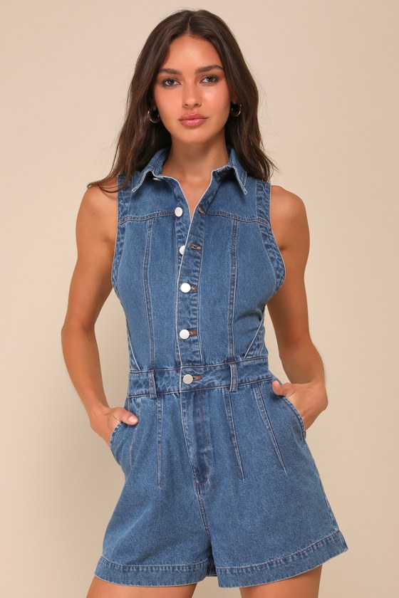 Medium Wash Denim Romper - Sleeveless Romper - Collared Romper - Lulus
