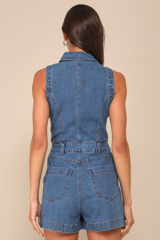 Irresistible Days Medium Wash Denim Collared Sleeveless Romper - thumbnail 3