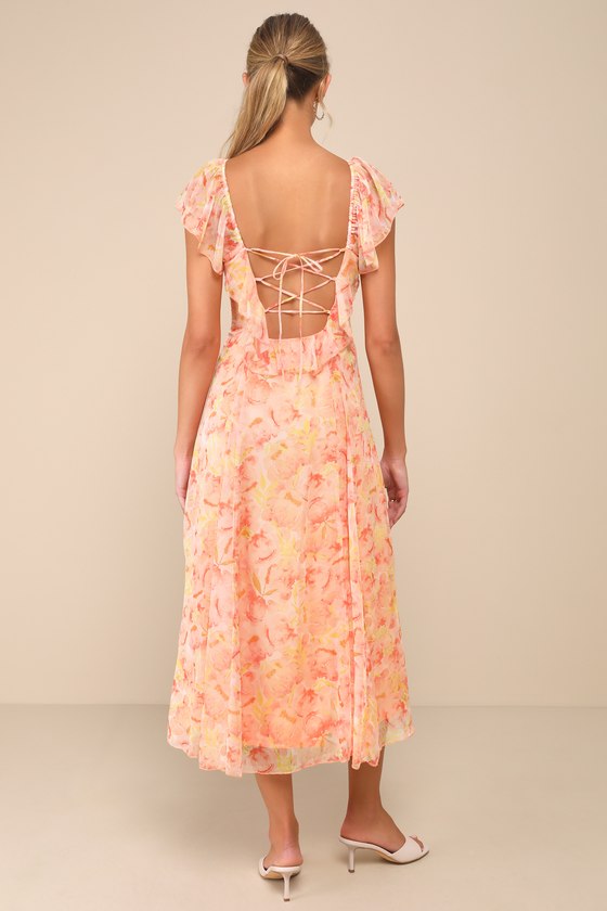 Lulus Pristine Darling Peach Floral Ruffled Lace-up Midi Dress In Peach