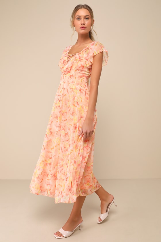 Lulus Pristine Darling Peach Floral Ruffled Lace-up Midi Dress In Peach
