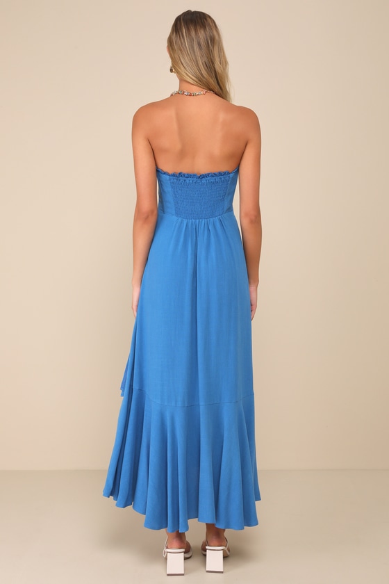 Lulus Gorgeous Event Blue Linen Ruffled Strapless Bustier Midi Dress In Blue
