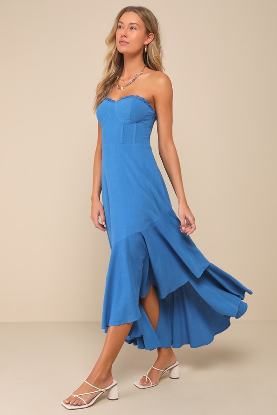 Lulus Gorgeous Event Blue Linen Ruffled Strapless Bustier Midi Dress In Blue
