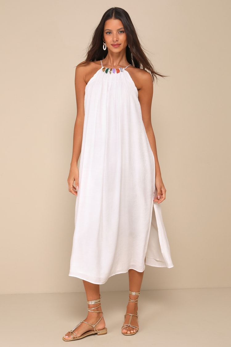 Blissful Icon White Textured Beaded Midi Shift Dress