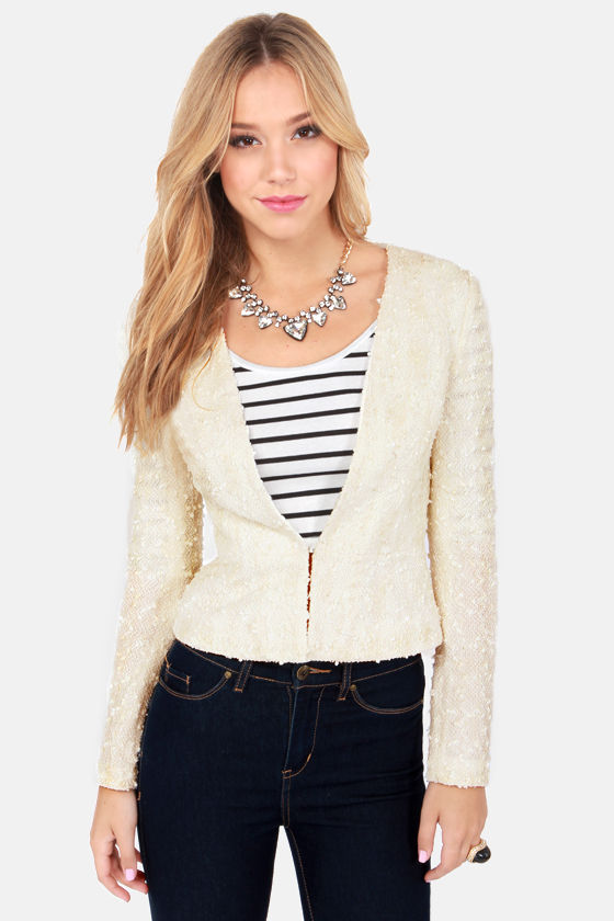 Cute Cream Blazer Cropped Blazer Boucle Jacket 67.00 Lulus