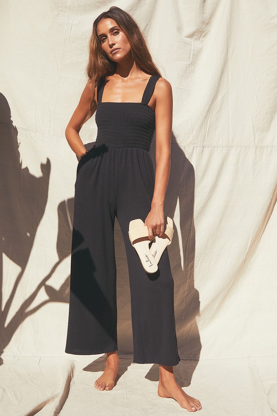 Social Calendar Black Ribbed Knit Wide Leg Jumpsuit 5