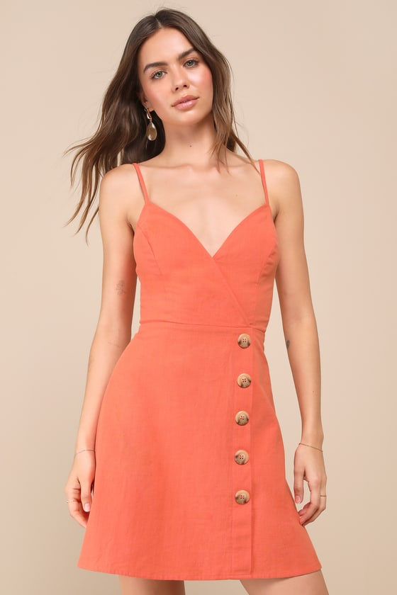Lulus Sweet Breeze Orange Surplice Button-front Mini Dress In Orange