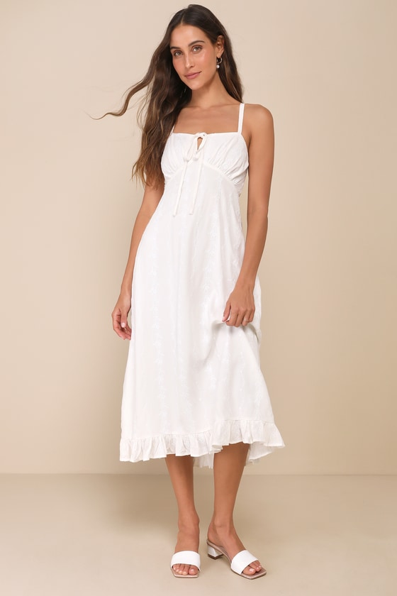 Lulus Unbelievably Sweet White Floral Embroidered Ruffled Midi Dress In White