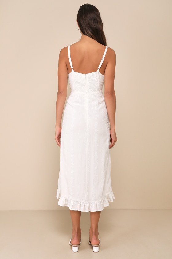 Lulus Unbelievably Sweet White Floral Embroidered Ruffled Midi Dress In White