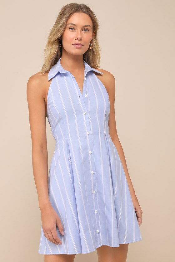 Posh Beauty Light Blue Striped Collared Halter Mini Skater Dress 2