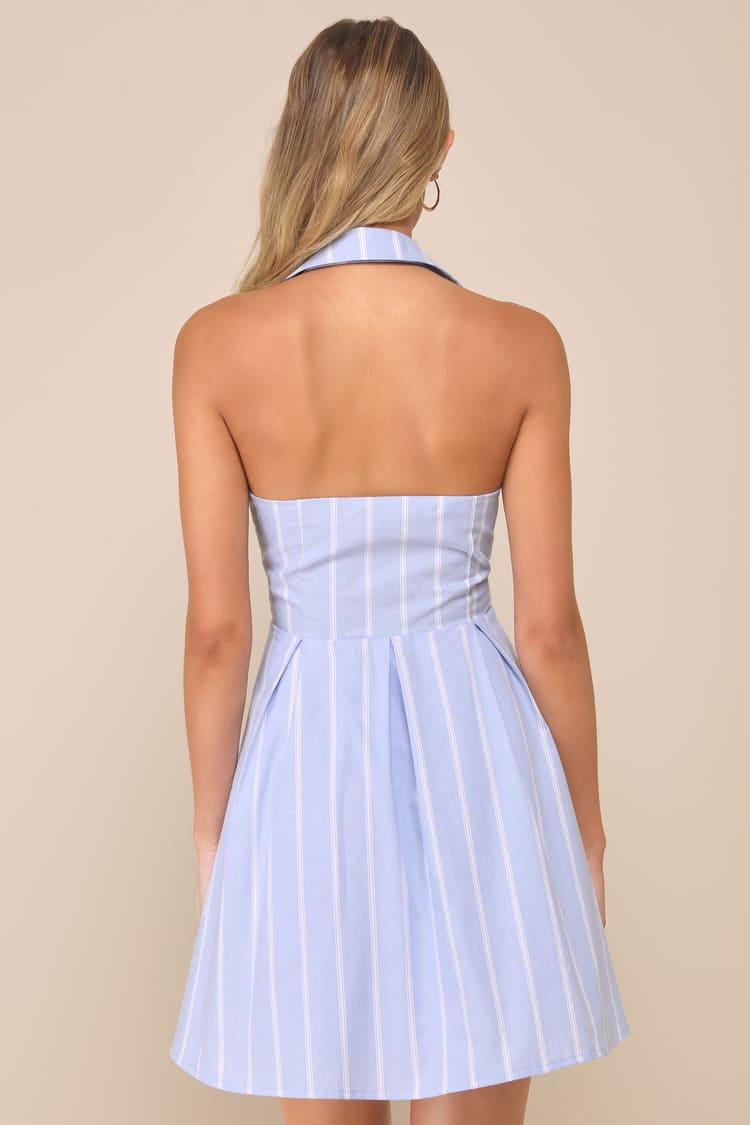 Light Blue Striped Dress - Collared Halter Dress - Mini Dress - Lulus