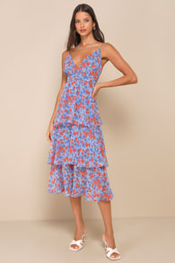 Adorable Obsession Blue Floral Print Lurex Tiered Midi Dress 1