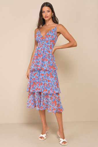 Adorable Obsession Blue Floral Print Lurex Tiered Midi Dress 1