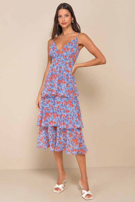 Adorable Obsession Blue Floral Print Lurex Tiered Midi Dress 1