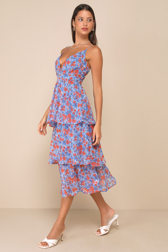 Adorable Obsession Blue Floral Print Lurex Tiered Midi Dress 3
