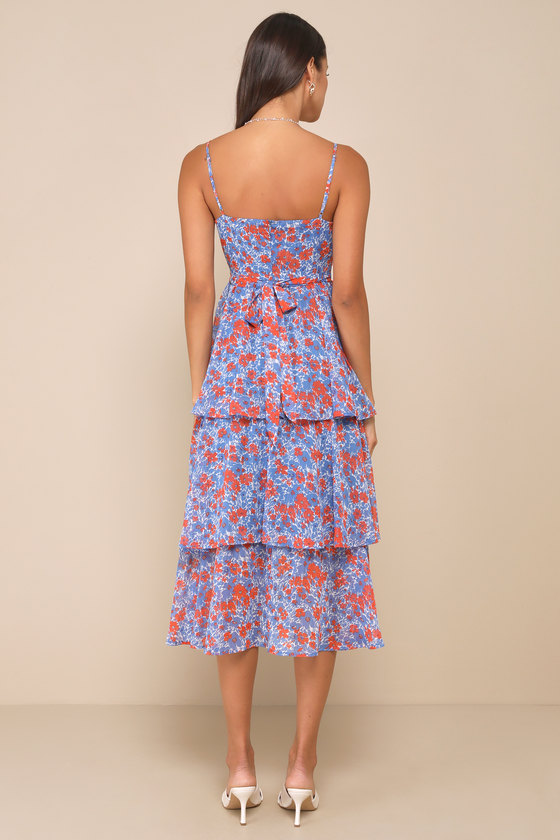 Lulus Adorable Obsession Blue Floral Print Lurex Tiered Midi Dress In Blue