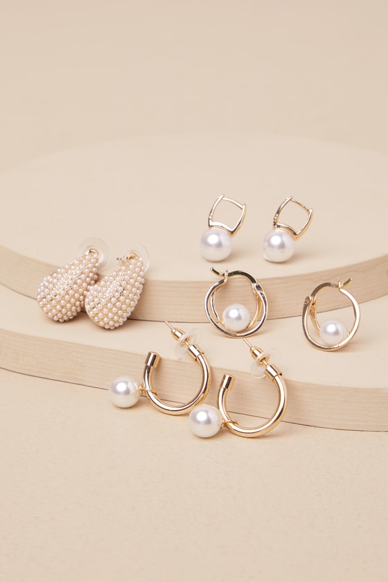 Decadent Design Gold Pearl Hoop Earring Set 3