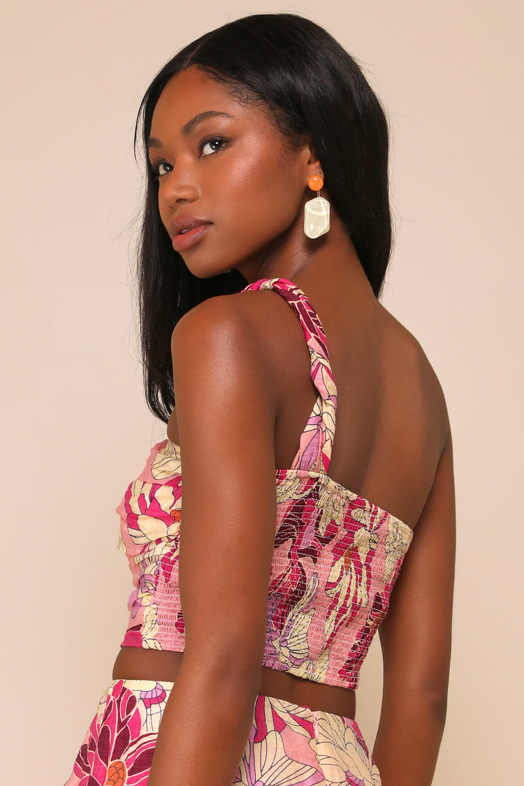 Something Wild Pink Floral Print Pleated One-Shoulder Crop Top