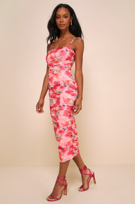 Blossoming Excellence Pink Floral Mesh Ruched Midi Dress 4