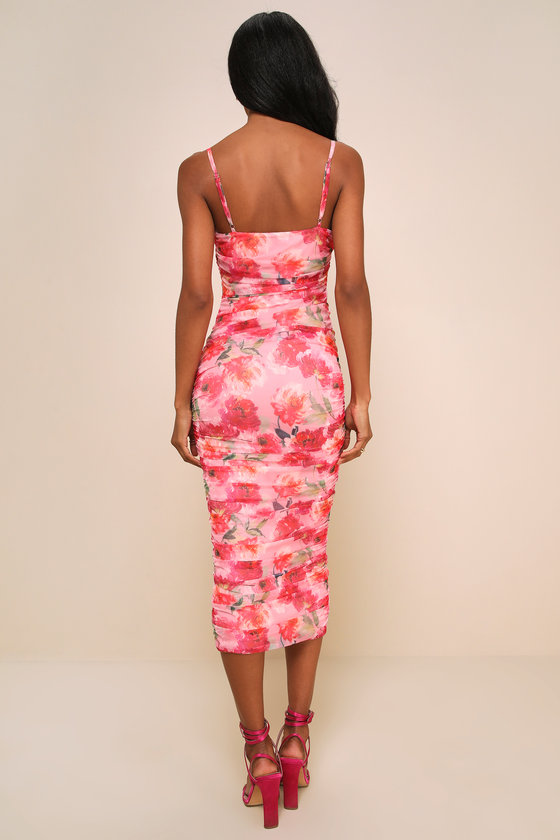 Lulus Blossoming Excellence Pink Floral Mesh Ruched Midi Dress In Pink