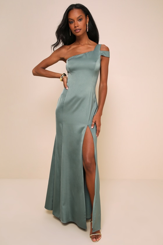 Gliding Beauty Sage Green Satin One-Shoulder Cutout Maxi Dress 1