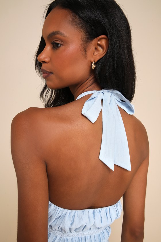 Lulus Gorgeous Design Light Blue Lace Ruffled Halter Top In Light Blue