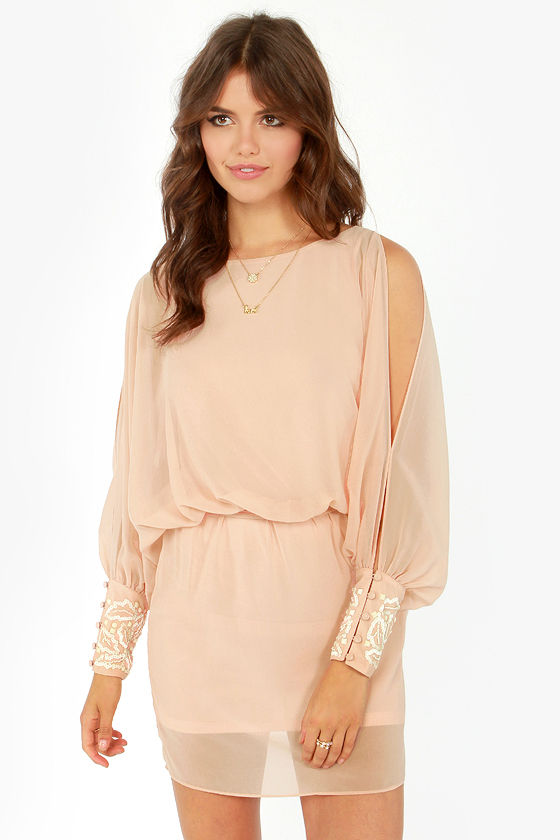 Sequines Beaded Long Sleeve A-line Long Girl Dress Peach