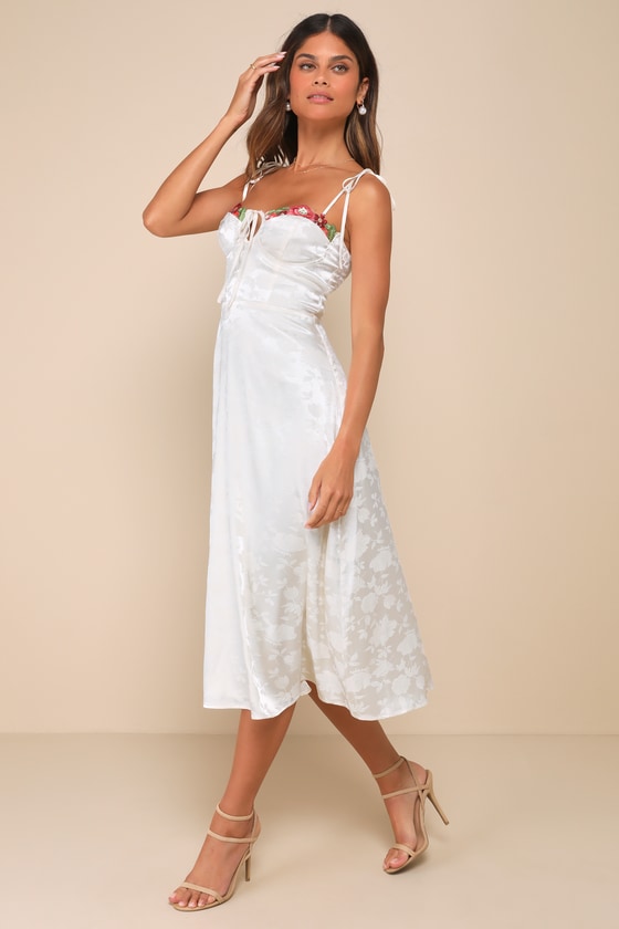 Cream Satin Dress Embroidered Dress TieStrap Midi Dress Lulus