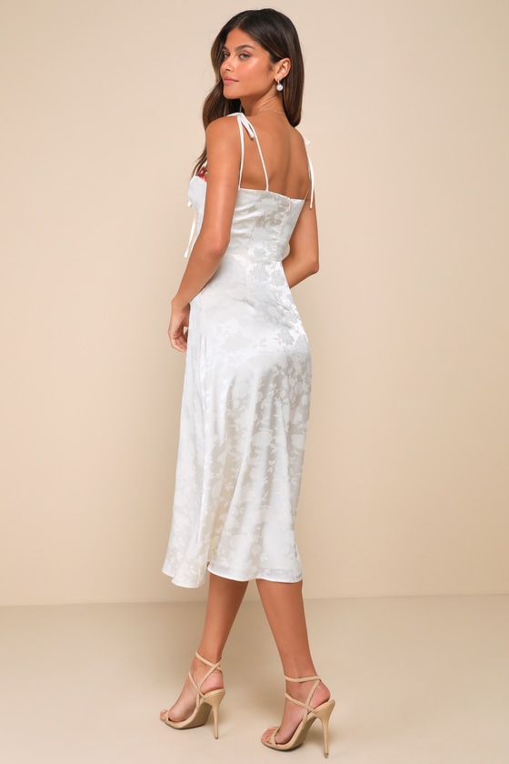 Lulus Ethereal Muse Cream Satin Jacquard Embroidered Midi Dress In White