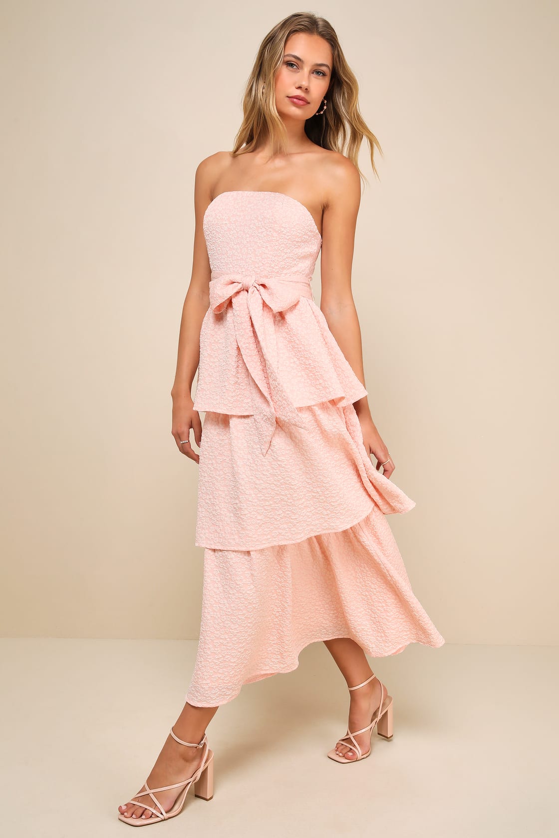 Truly Marvelous Blush Pink Jacquard Strapless Tiered Midi Dress