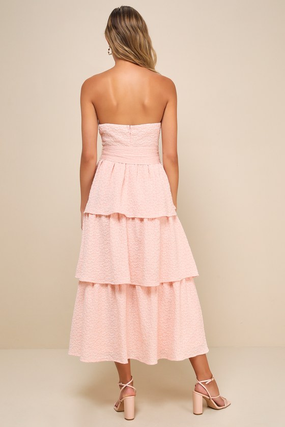 Lulus Truly Marvelous Blush Pink Jacquard Strapless Tiered Midi Dress In Blush Pink