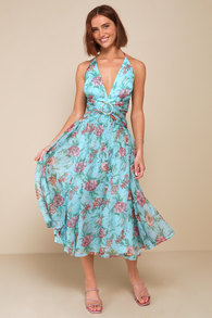 Exceedingly Radiant Blue Floral O-Ring Cutout Halter Midi Dress