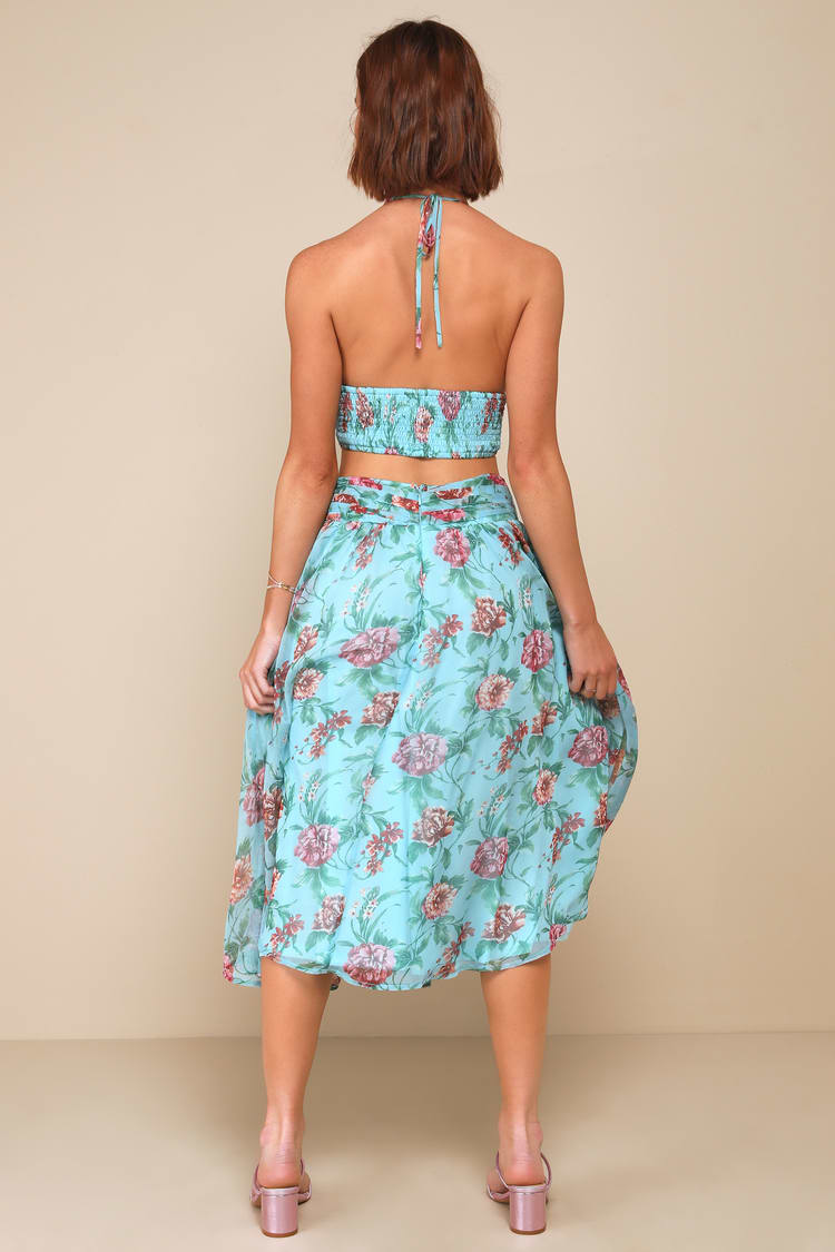 Exceedingly Radiant Blue Floral O-Ring Cutout Halter Midi Dress