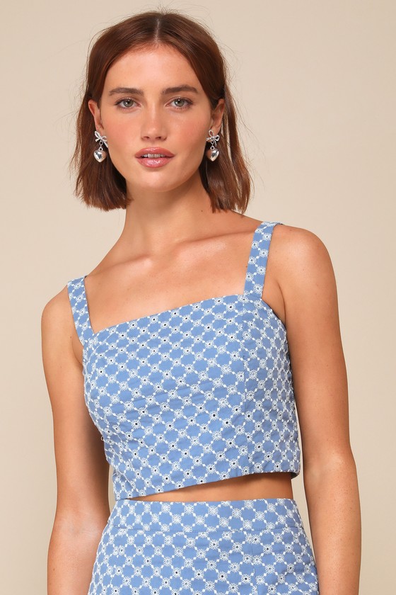 Lulus Sunny Concept Blue Embroidered Cropped Sleeveless Top In Blue