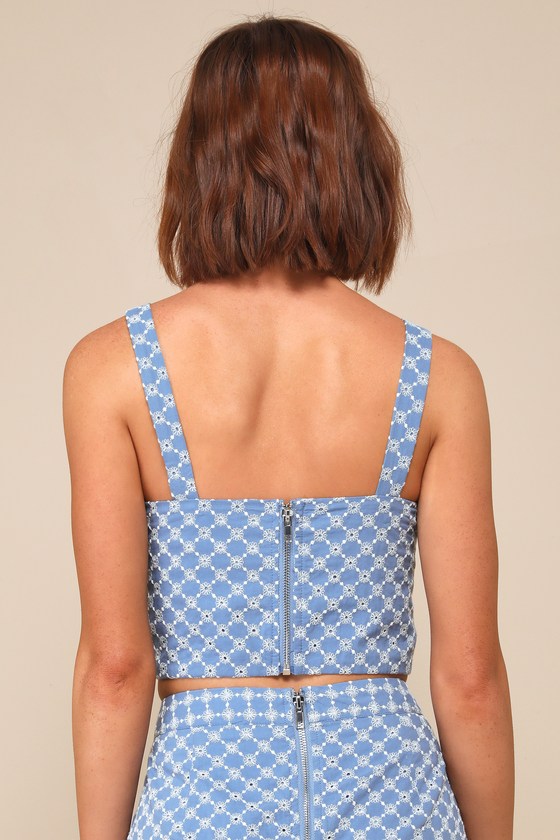 Lulus Sunny Concept Blue Embroidered Cropped Sleeveless Top In Blue