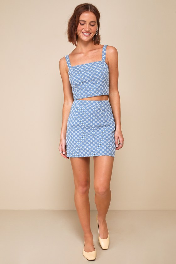 Lulus Sunny Concept Blue Embroidered Cropped Sleeveless Top In Blue