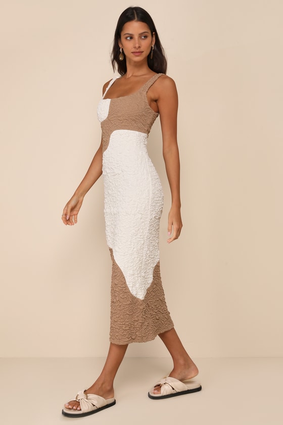 Lulus Instantly Adored Taupe And Cream Color Block Textured Midi Dress In White