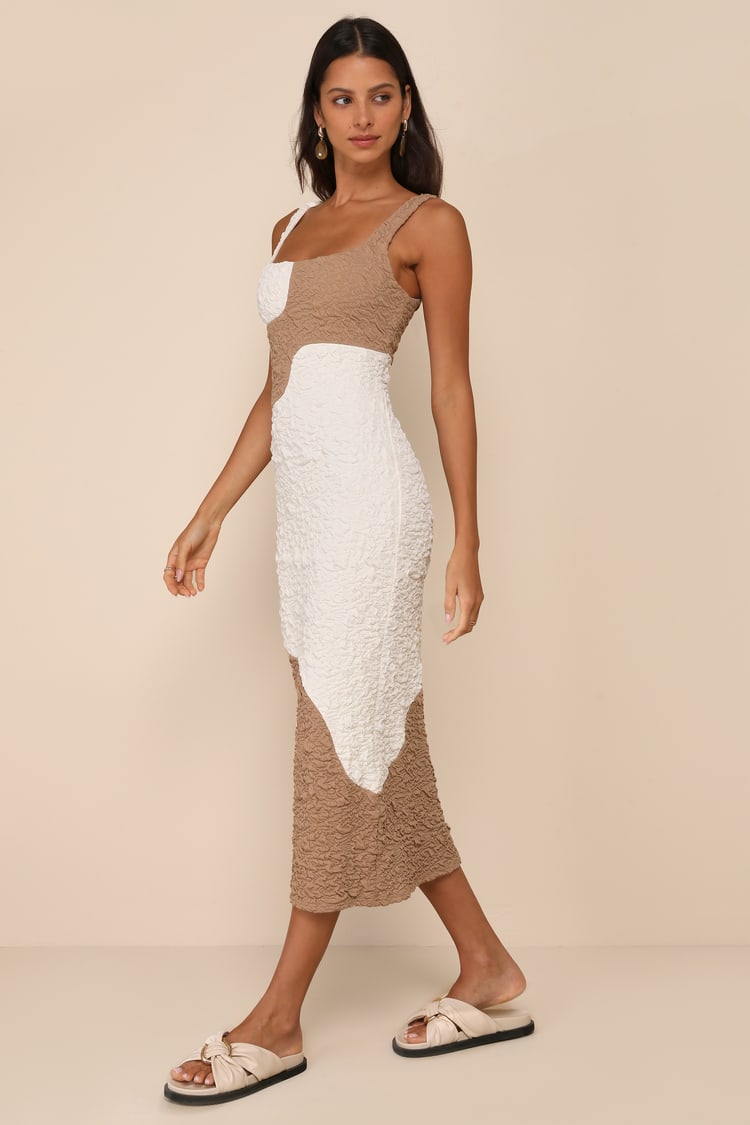 Instantly Adored Taupe and Cream Color Block Textured Midi Dress