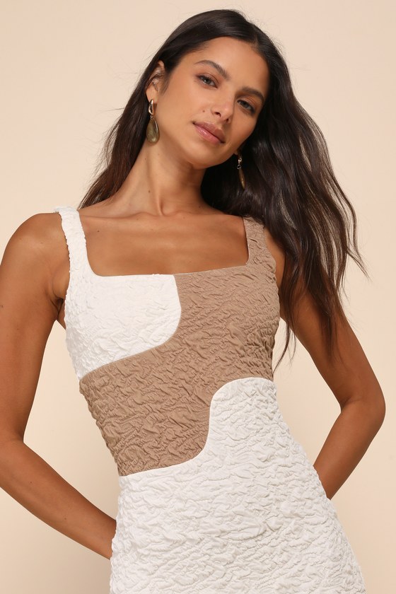 Lulus Instantly Adored Taupe And Cream Color Block Textured Midi Dress In White